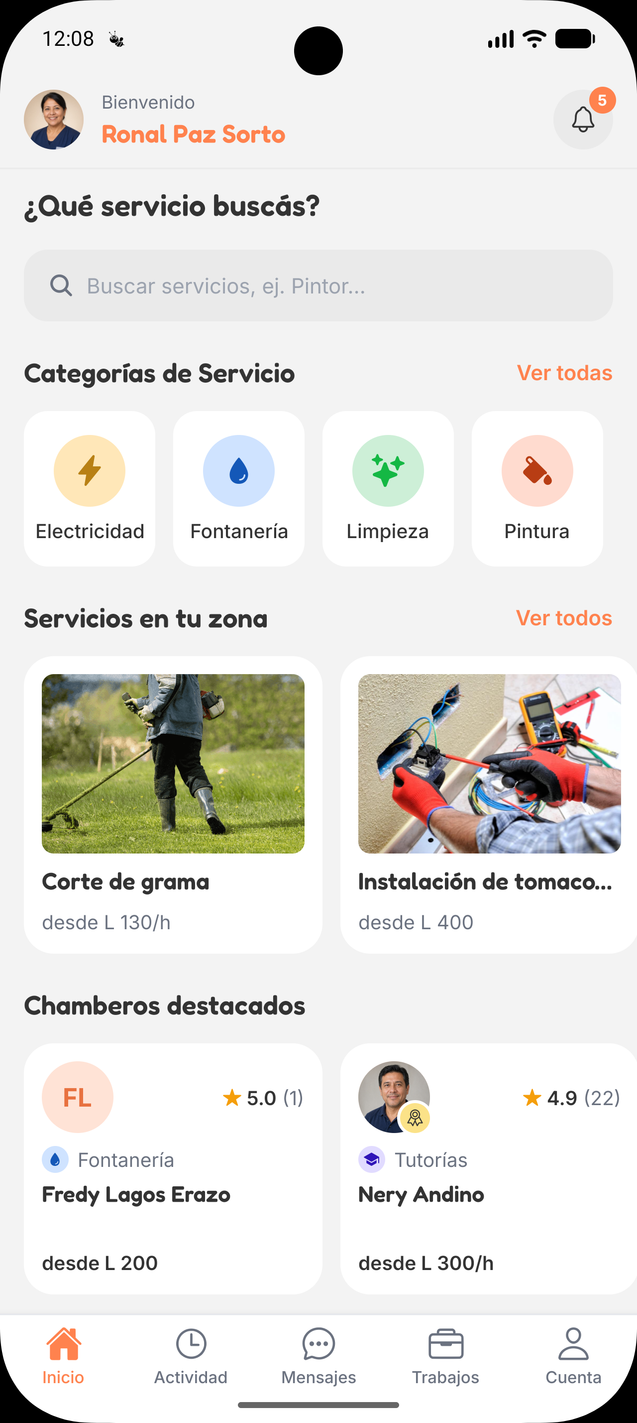 Inicio de la app Chambitas: buscador de servicios, categorías, servicios en tu zona y chamberos destacados